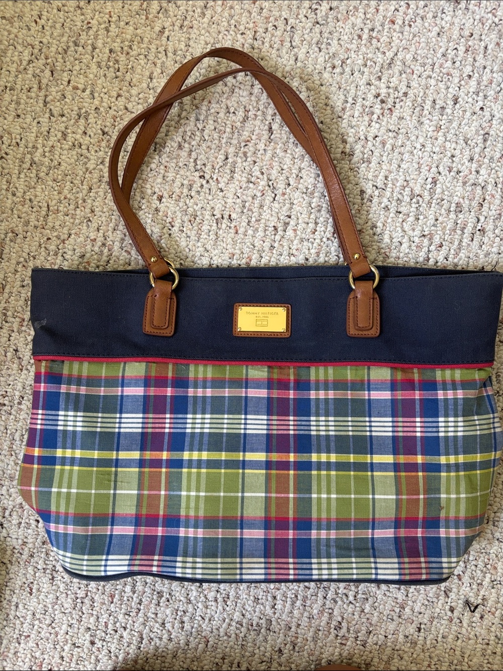 Tommy Hilfiger Navy, Green and Red Plaid Tote with Brown Straps